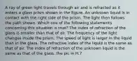 A ray of green light travels through air and is refracted as it enters a glass prism shown in the figure. An unknown liquid is in contact with the right side of the prism. The light then follows the path shown. Which one of the following statements concerning this situation is true? The index of refraction of the glass is smaller than that of air. The frequency of the light changes inside the prism. The speed of light is larger in the liquid than in the glass. The refractive index of the liquid is the same as that of air. The index of refraction of the unknown liquid is the same as that of the glass. the pic in H.7