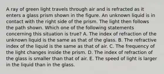 A ray of green light travels through air and is refracted as it enters a glass prism shown in the figure. An unknown liquid is in contact with the right side of the prism. The light then follows the path shown. Which one of the following statements concerning this situation is true? A. The index of refraction of the unknown liquid is the same as that of the glass. B. The refractive index of the liquid is the same as that of air. C. The frequency of the light changes inside the prism. D. The index of refraction of the glass is smaller than that of air. E. The speed of light is larger in the liquid than in the glass.