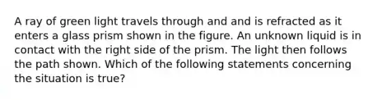 A ray of green light travels through and and is refracted as it enters a glass prism shown in the figure. An unknown liquid is in contact with the right side of the prism. The light then follows the path shown. Which of the following statements concerning the situation is true?