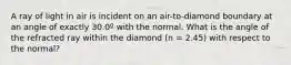 A ray of light in air is incident on an air-to-diamond boundary at an angle of exactly 30.0º with the normal. What is the angle of the refracted ray within the diamond (n = 2.45) with respect to the normal?