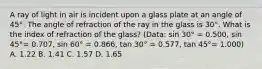 A ray of light in air is incident upon a glass plate at an angle of 45°. The angle of refraction of the ray in the glass is 30°. What is the index of refraction of the glass? (Data: sin 30° = 0.500, sin 45°= 0.707, sin 60° = 0.866, tan 30° = 0.577, tan 45°= 1.000) A. 1.22 B. 1.41 C. 1.57 D. 1.65