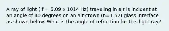 A ray of light ( f = 5.09 x 1014 Hz) traveling in air is incident at an angle of 40.degrees on an air-crown (n=1.52) glass interface as shown below. What is the angle of refraction for this light ray?