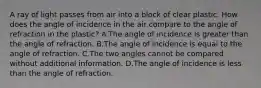 A ray of light passes from air into a block of clear plastic. How does the angle of incidence in the air compare to the angle of refraction in the plastic? A.The angle of incidence is greater than the angle of refraction. B.The angle of incidence is equal to the angle of refraction. C.The two angles cannot be compared without additional information. D.The angle of incidence is less than the angle of refraction.