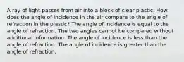 A ray of light passes from air into a block of clear plastic. How does the angle of incidence in the air compare to the angle of refraction in the plastic? The angle of incidence is equal to the angle of refraction. The two angles cannot be compared without additional information. The angle of incidence is less than the angle of refraction. The angle of incidence is greater than the angle of refraction.