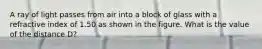 A ray of light passes from air into a block of glass with a refractive index of 1.50 as shown in the figure. What is the value of the distance D?