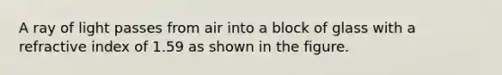 A ray of light passes from air into a block of glass with a refractive index of 1.59 as shown in the figure.