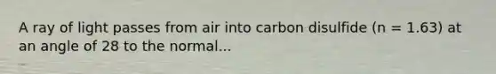 A ray of light passes from air into carbon disulfide (n = 1.63) at an angle of 28 to the normal...