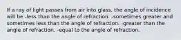 If a ray of light passes from air into glass, the angle of incidence will be -less than the angle of refraction. -sometimes greater and sometimes less than the angle of refraction. -greater than the angle of refraction. -equal to the angle of refraction.