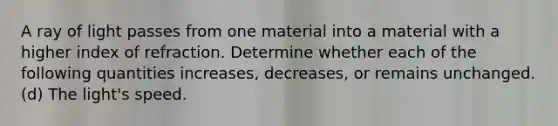 A ray of light passes from one material into a material with a higher index of refraction. Determine whether each of the following quantities increases, decreases, or remains unchanged. (d) The light's speed.