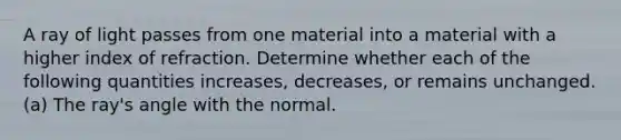 A ray of light passes from one material into a material with a higher index of refraction. Determine whether each of the following quantities increases, decreases, or remains unchanged. (a) The ray's angle with the normal.