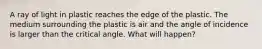 A ray of light in plastic reaches the edge of the plastic. The medium surrounding the plastic is air and the angle of incidence is larger than the critical angle. What will happen?