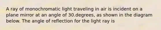 A ray of monochromatic light traveling in air is incident on a plane mirror at an angle of 30.degrees, as shown in the diagram below. The angle of reflection for the light ray is