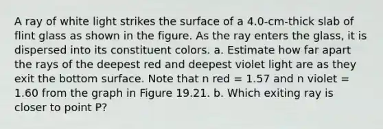 A ray of white light strikes the surface of a 4.0-cm-thick slab of flint glass as shown in the figure. As the ray enters the glass, it is dispersed into its constituent colors. a. Estimate how far apart the rays of the deepest red and deepest violet light are as they exit the bottom surface. Note that n red = 1.57 and n violet = 1.60 from the graph in Figure 19.21. b. Which exiting ray is closer to point P?