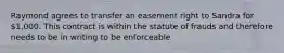 Raymond agrees to transfer an easement right to Sandra for 1,000. This contract is within the statute of frauds and therefore needs to be in writing to be enforceable