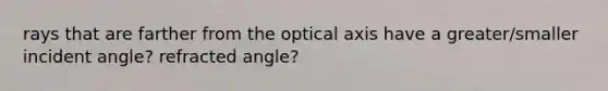 rays that are farther from the optical axis have a greater/smaller incident angle? refracted angle?