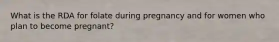 What is the RDA for folate during pregnancy and for women who plan to become pregnant?