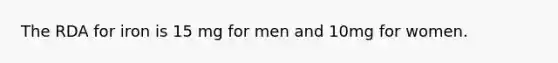 The RDA for iron is 15 mg for men and 10mg for women.