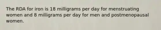 The RDA for iron is 18 milligrams per day for menstruating women and 8 milligrams per day for men and postmenopausal women.