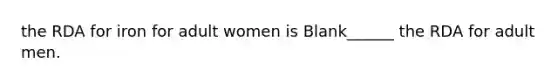 the RDA for iron for adult women is Blank______ the RDA for adult men.