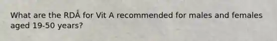 What are the RDA for Vit A recommended for males and females aged 19-50 years?