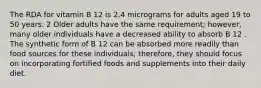 The RDA for vitamin B 12 is 2.4 micrograms for adults aged 19 to 50 years. 2 Older adults have the same requirement; however, many older individuals have a decreased ability to absorb B 12 . The synthetic form of B 12 can be absorbed more readily than food sources for these individuals; therefore, they should focus on incorporating fortified foods and supplements into their daily diet.