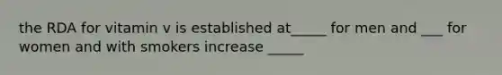 the RDA for vitamin v is established at_____ for men and ___ for women and with smokers increase _____