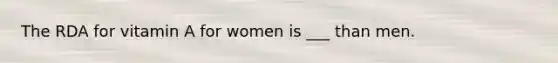 The RDA for vitamin A for women is ___ than men.