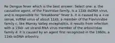 Re Dengue fever which is the best answer: Select one: a. the causative agent, of the Flaviridae family, is a 11kb dsDNA virus, and is responsible for "breakbone" fever b. it is caused by a +ve sense, ssRNA virus of about 11kb, a member of the Flaviviridae family c. like Murray Valley encephalitis, it results from infection with a 15kb -ve strand RNA virus member of the arboviridae family d. it is caused by an agent first recognized in the 1960s, a 11kb ssDNA arboviru