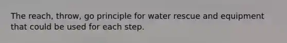 The reach, throw, go principle for water rescue and equipment that could be used for each step.