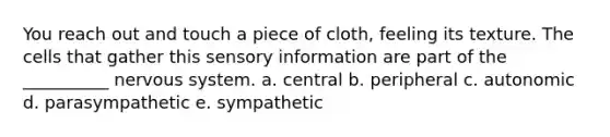 You reach out and touch a piece of cloth, feeling its texture. The cells that gather this sensory information are part of the __________ nervous system. a. central b. peripheral c. autonomic d. parasympathetic e. sympathetic