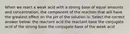 When we react a weak acid with a strong base of equal amounts and concentration, the component of the reaction that will have the greatest effect on the pH of the solution is: Select the correct answer below: the reactant acid the reactant base the conjugate acid of the strong base the conjugate base of the weak acid