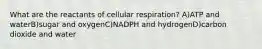 What are the reactants of cellular respiration? A)ATP and waterB)sugar and oxygenC)NADPH and hydrogenD)carbon dioxide and water