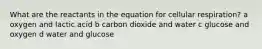 What are the reactants in the equation for cellular respiration? a oxygen and lactic acid b carbon dioxide and water c glucose and oxygen d water and glucose