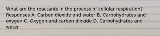 What are the reactants in the process of cellular respiration? Responses A. Carbon dioxide and water B. Carbohydrates and oxygen C. Oxygen and carbon dioxide D. Carbohydrates and water