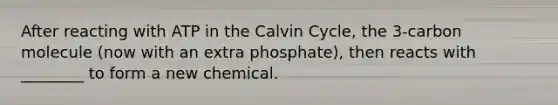 After reacting with ATP in the Calvin Cycle, the 3-carbon molecule (now with an extra phosphate), then reacts with ________ to form a new chemical.