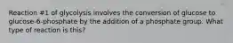 Reaction #1 of glycolysis involves the conversion of glucose to glucose-6-phosphate by the addition of a phosphate group. What type of reaction is this?