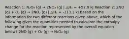 Reaction 1: N₂O₄ (g) → 2NO₂ (g) | △H₁ = +57.9 kJ Reaction 2: 2NO (g) + O₂ (g) → 2NO₂ (g) | △H₂ = -113.1 kJ Based on the information for two different reactions given above, which of the following gives the quantities needed to calculate the enthalpy change for the reaction represented by the overall equation below? 2NO (g) + O₂ (g) → N₂O₄ (g)