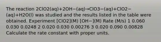 The reaction 2ClO2(aq)+2OH−(aq)→ClO3−(aq)+ClO2−(aq)+H2O(l) was studied and the results listed in the table were obtained. Experiment [ClO2](M) [OH−](M) Rate (M/s) 1 0.060 0.030 0.0248 2 0.020 0.030 0.00276 3 0.020 0.090 0.00828 Calculate the rate constant with proper units.