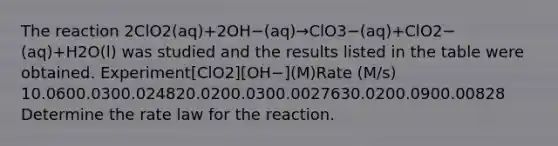 The reaction 2ClO2(aq)+2OH−(aq)→ClO3−(aq)+ClO2−(aq)+H2O(l) was studied and the results listed in the table were obtained. Experiment[ClO2][OH−](M)Rate (M/s) 10.0600.0300.024820.0200.0300.0027630.0200.0900.00828 Determine the rate law for the reaction.