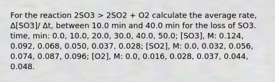 For the reaction 2SO3 > 2SO2 + O2 calculate the average rate, Δ[SO3]/ Δt, between 10.0 min and 40.0 min for the loss of SO3. time, min: 0.0, 10.0, 20.0, 30.0, 40.0, 50.0; [SO3], M: 0.124, 0.092, 0.068, 0.050, 0.037, 0.028; [SO2], M: 0.0, 0.032, 0.056, 0.074, 0.087, 0.096; [O2], M: 0.0, 0.016, 0.028, 0.037, 0.044, 0.048.