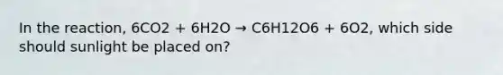 In the reaction, 6CO2 + 6H2O → C6H12O6 + 6O2, which side should sunlight be placed on?