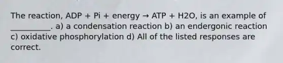 The reaction, ADP + Pi + energy → ATP + H2O, is an example of __________. a) a condensation reaction b) an endergonic reaction c) <a href='https://www.questionai.com/knowledge/kFazUb9IwO-oxidative-phosphorylation' class='anchor-knowledge'>oxidative phosphorylation</a> d) All of the listed responses are correct.