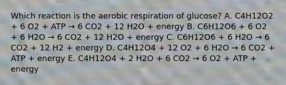 Which reaction is the aerobic respiration of glucose? A. C4H12O2 + 6 O2 + ATP → 6 CO2 + 12 H2O + energy B. C6H12O6 + 6 O2 + 6 H2O → 6 CO2 + 12 H2O + energy C. C6H12O6 + 6 H2O → 6 CO2 + 12 H2 + energy D. C4H12O4 + 12 O2 + 6 H2O → 6 CO2 + ATP + energy E. C4H12O4 + 2 H2O + 6 CO2 → 6 O2 + ATP + energy