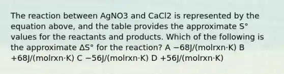 The reaction between AgNO3 and CaCl2 is represented by the equation above, and the table provides the approximate S° values for the reactants and products. Which of the following is the approximate ΔS° for the reaction? A −68J/(molrxn⋅K) B +68J/(molrxn⋅K) C −56J/(molrxn⋅K) D +56J/(molrxn⋅K)