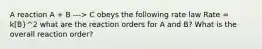 A reaction A + B ---> C obeys the following rate law Rate = k[B}^2 what are the reaction orders for A and B? What is the overall reaction order?