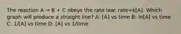 The reaction A → B + C obeys the rate law: rate=k[A]. Which graph will produce a straight line? A: [A] vs time B: ln[A] vs time C: 1/[A] vs time D: [A] vs 1/time