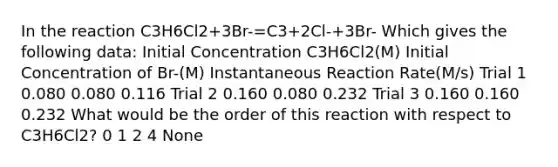 In the reaction C3H6Cl2+3Br-=C3+2Cl-+3Br- Which gives the following data: Initial Concentration C3H6Cl2(M) Initial Concentration of Br-(M) Instantaneous Reaction Rate(M/s) Trial 1 0.080 0.080 0.116 Trial 2 0.160 0.080 0.232 Trial 3 0.160 0.160 0.232 What would be the order of this reaction with respect to C3H6Cl2? 0 1 2 4 None