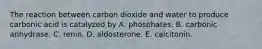 The reaction between carbon dioxide and water to produce carbonic acid is catalyzed by A. phosphates. B. carbonic anhydrase. C. renin. D. aldosterone. E. calcitonin.