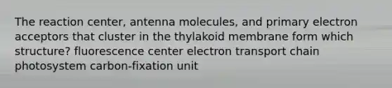 The reaction center, antenna molecules, and primary electron acceptors that cluster in the thylakoid membrane form which structure? fluorescence center electron transport chain photosystem carbon-fixation unit