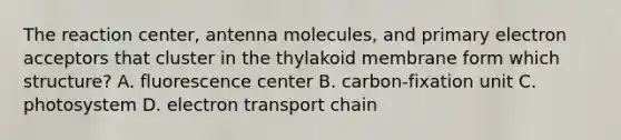 The reaction center, antenna molecules, and primary electron acceptors that cluster in the thylakoid membrane form which structure? A. fluorescence center B. carbon-fixation unit C. photosystem D. electron transport chain